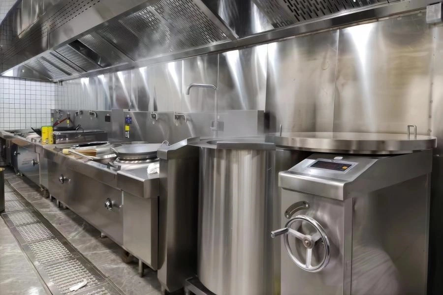 Commercial tilting boiling pan for soups and stews in cafeterias