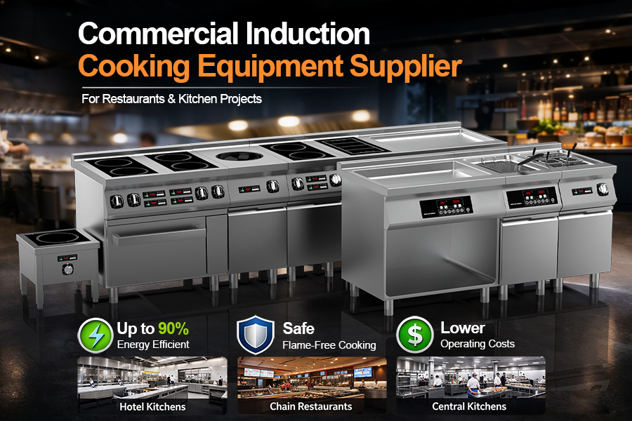 High-end commercial induction cooking equipment in stainless steel, including cooktops, wok station, and stock pot cooker, displayed in a professional kitchen environment, highlighting energy efficiency and safe flame-free cooking for restaurants and large kitchen projects.