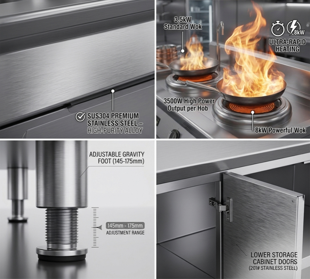 Collage showing key features of a commercial induction wok range, including SUS304 stainless steel construction, high-power burners up to 8kW with visible flames, adjustable height leveling feet, and lower storage cabinet doors, highlighting durability, performance, and practical design.