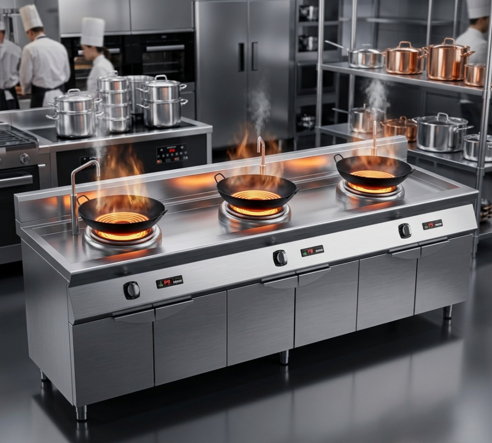 Modern commercial kitchen featuring a stainless steel multi-burner induction wok range, with three woks actively cooking over glowing heating zones, steam rising, and chefs working in the background, highlighting high-efficiency and professional-grade performance.