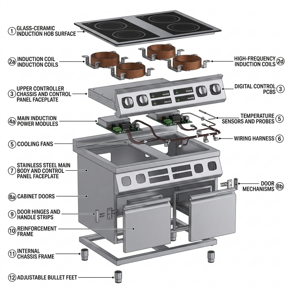 Exploded view of commercial four burner induction cooker showing internal components
