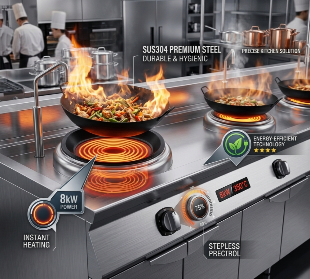 Commercial stainless steel induction wok range in a professional kitchen, featuring 8kW high-power heating, instant heat response, precise temperature control display, and energy-efficient cooking, with chefs stir-frying food in woks over glowing heating zones.