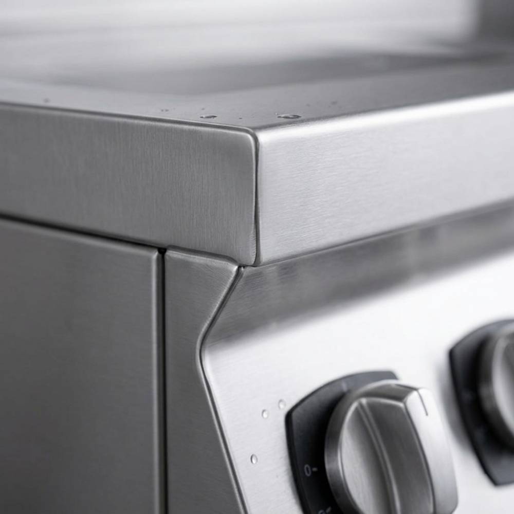 Close-up of a brushed stainless steel induction cooktop corner with smooth edges and control knob.