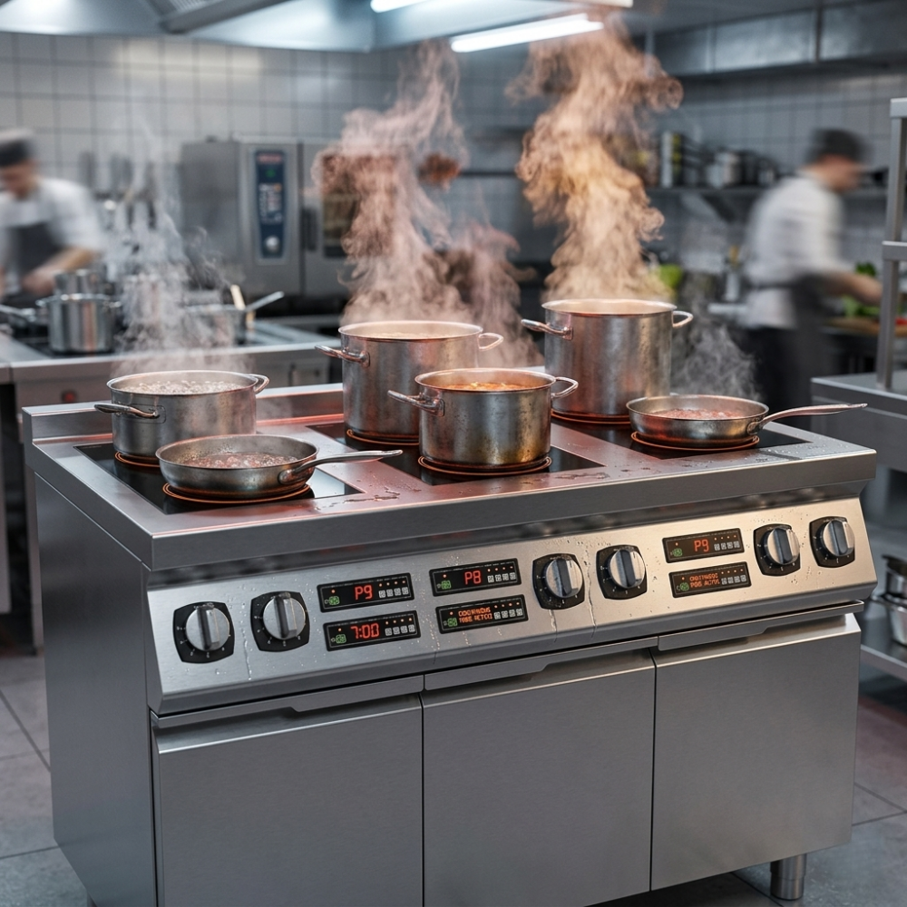 Multiple pots steaming on a modern stainless steel induction cooktop in a busy restaurant kitchen.