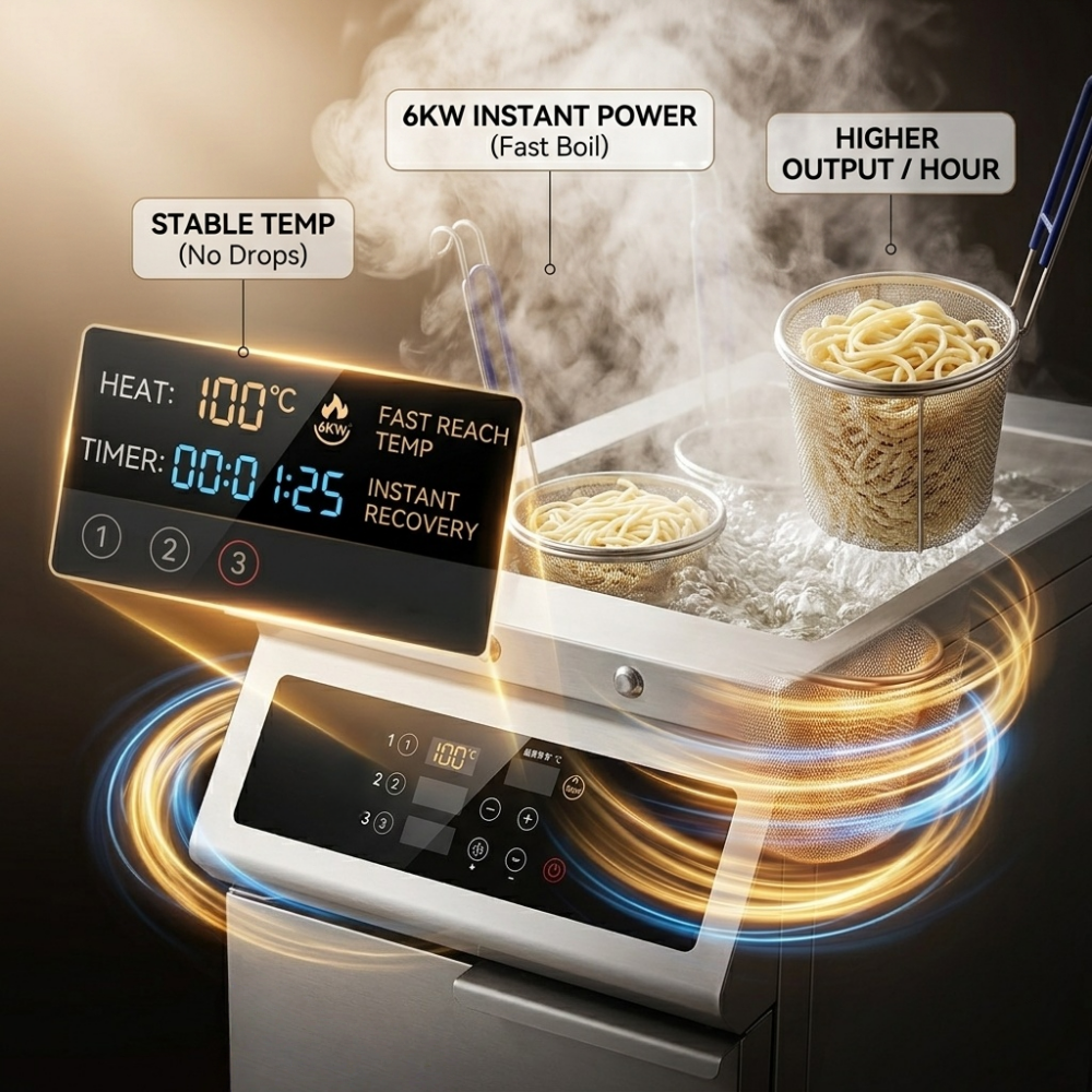 6KW commercial noodle cooker with digital temperature display, fast boiling system, and stainless steel noodle baskets in boiling water.