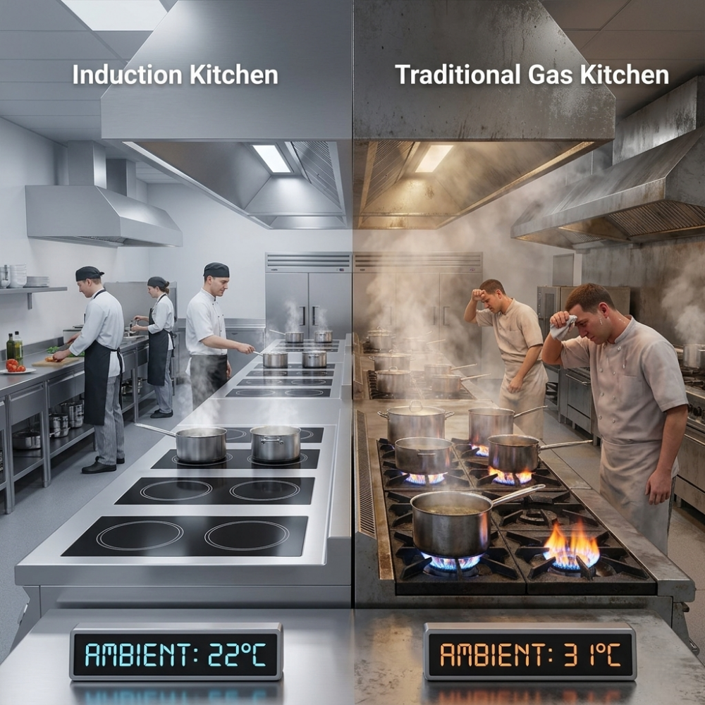 Side-by-side comparison of a commercial induction kitchen and traditional gas kitchen showing lower ambient heat, improved efficiency, and cleaner cooking conditions with induction cooking systems