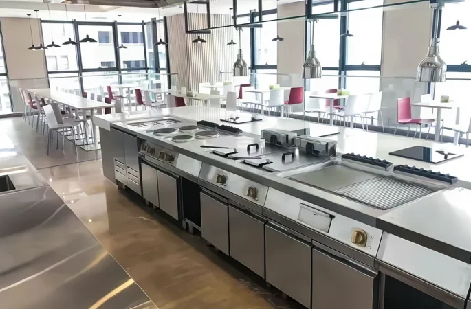 A modern commercial kitchen with advanced modular cooking equipment, spacious and bright, with efficient cooking stations and ventilation, and a neat dining area in the background.