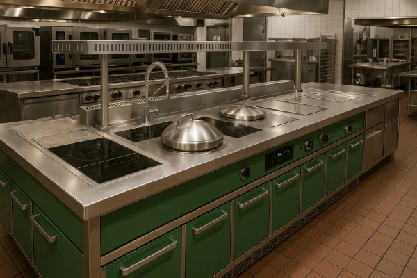 Modern commercial kitchen island with prep stations and storage for restaurants
