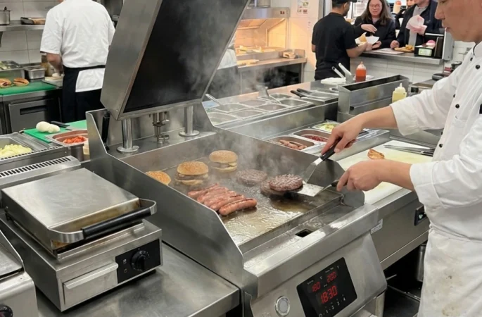 Commercial clamshell griddle used in a professional restaurant kitchen for high-volume cooking