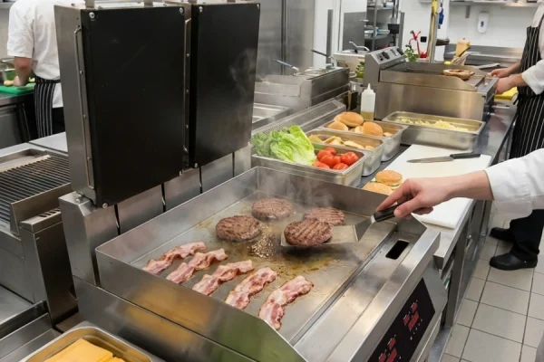 Commercial clamshell griddle with dual cooking surfaces, ideal for grilling burgers, sandwiches, and other foods in high-demand kitchens and restaurants.