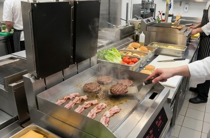 Commercial clamshell griddle with dual cooking surfaces, ideal for grilling burgers, sandwiches, and other foods in high-demand kitchens and restaurants.