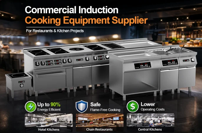 Professional-grade induction cooking equipment including flat-top ranges, wok burner, and stock pot station, designed for safe and energy-efficient operation.