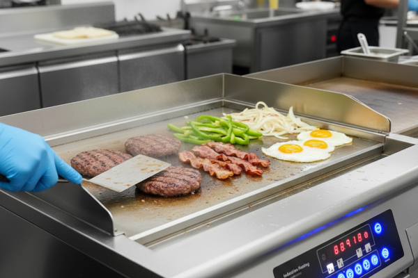 Commercial induction griddle in use in a professional kitchen