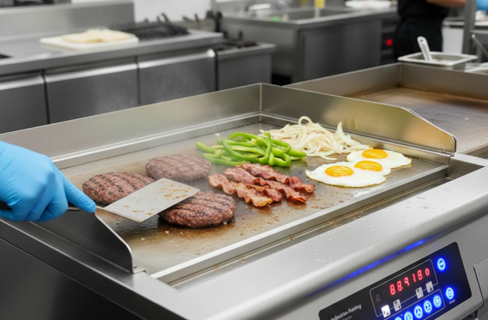Commercial induction griddle in use in a professional kitchen