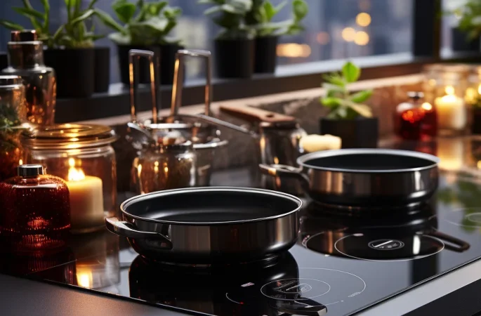 A modern kitchen with two frying pans on a commercial induction cooker, surrounded by candles, plants, and kitchen utensils.