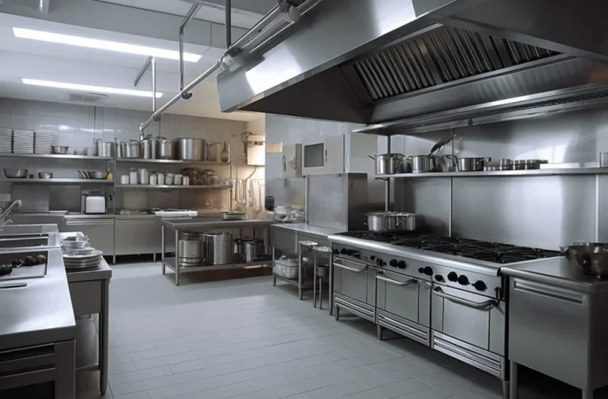 A spacious, clean, and well-equipped commercial kitchen featuring a state-of-the-art commercial induction cooking range, with stainless steel appliances, pots, pans, and utensils neatly arranged on shelves and countertops.