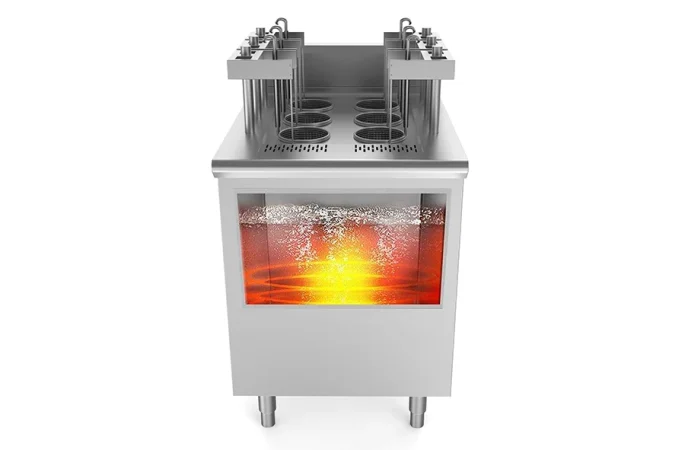 A commercial noodle cooker with stainless steel construction, multiple metal baskets for boiling noodles, and visible heating elements inside a transparent lower compartment.