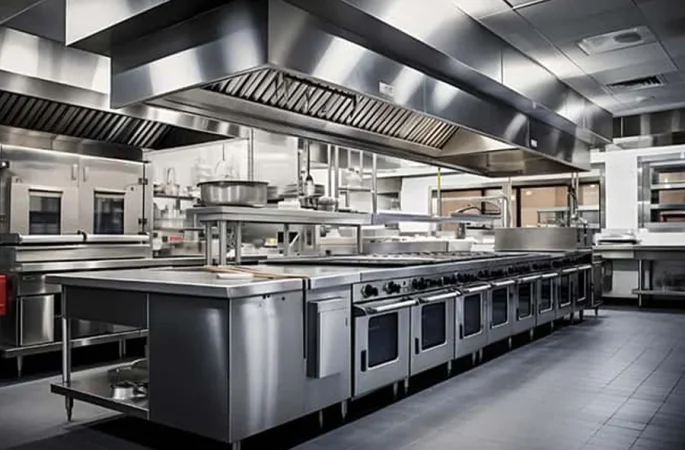 A commercial kitchen with stainless steel appliances, multiple ovens, stoves, and countertops. Outfitted with top-tier restaurant cooking equipment, the space is clean and well-organized, featuring overhead ventilation systems and ample lighting.