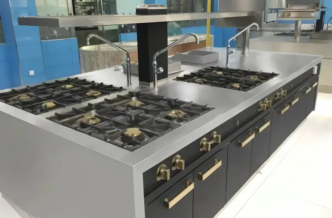 A commercial kitchen with multiple burners and two overhead vent hoods, featuring stainless steel surfaces and black cabinets with brass handles. Perfect for mastering your culinary skills, this sleek setup ensures efficiency and style in one comprehensive guide to professional cooking.