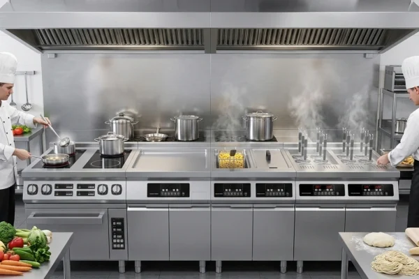 Commercial induction modular cooking system in a professional stainless steel restaurant kitchen