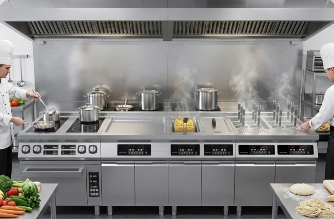 Commercial induction modular cooking system in a professional stainless steel restaurant kitchen